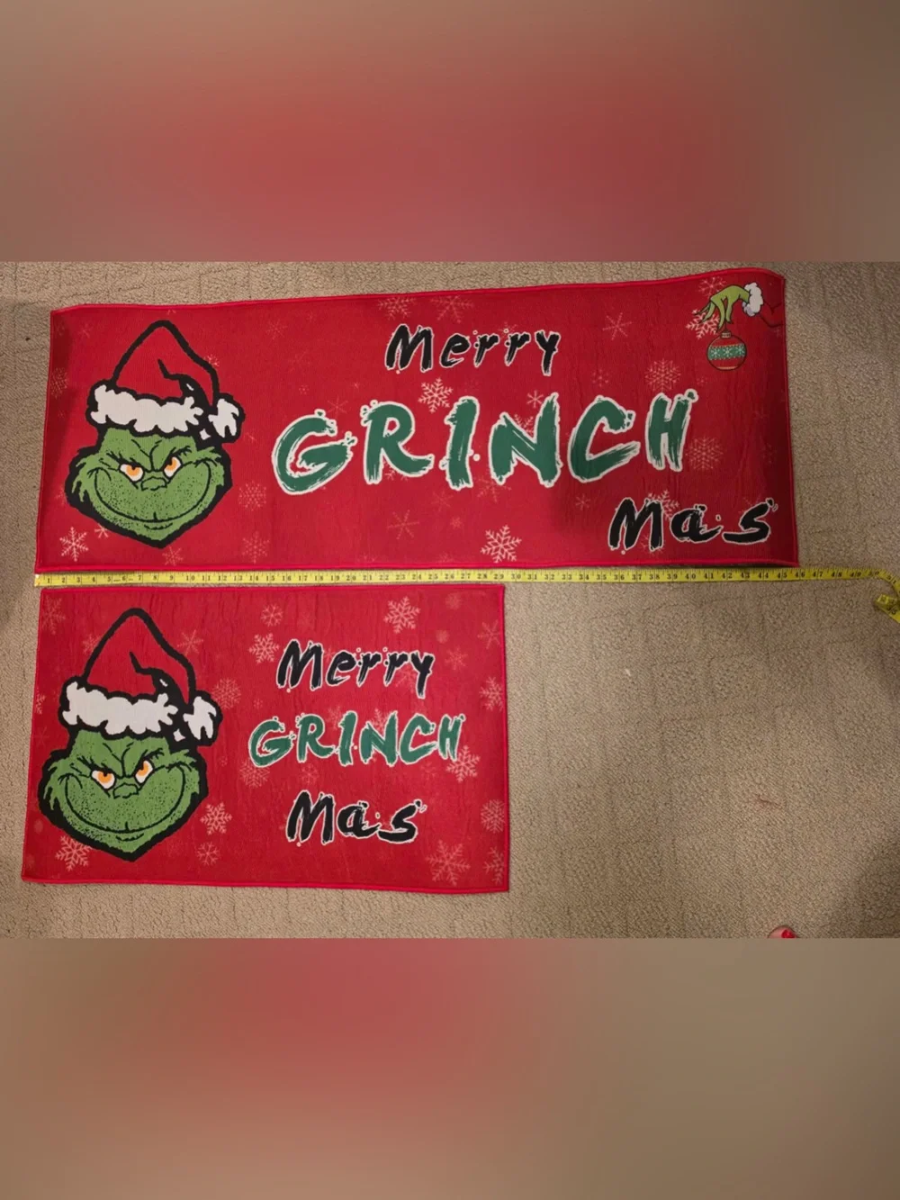 Merry Grinch Mas' Red Holiday Kitchen Rugs set of 2